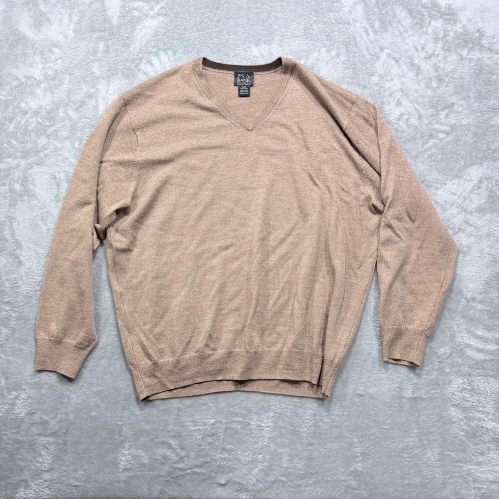 Jos. A. Bank V-Neck Sweater Mens XXL Tan 100% Italian Merino Wool Signature